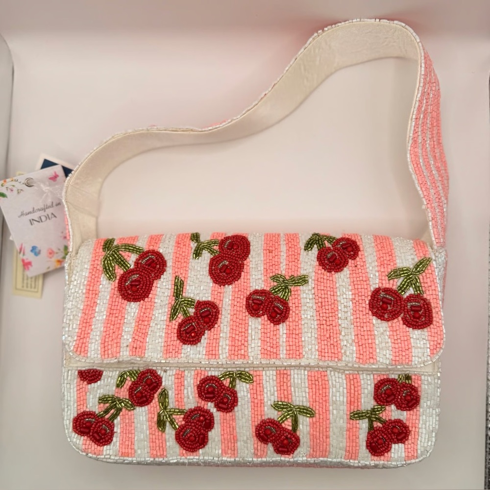 NWT Viral Handcrafted Beaded Pink Cherry Shoulder Bag